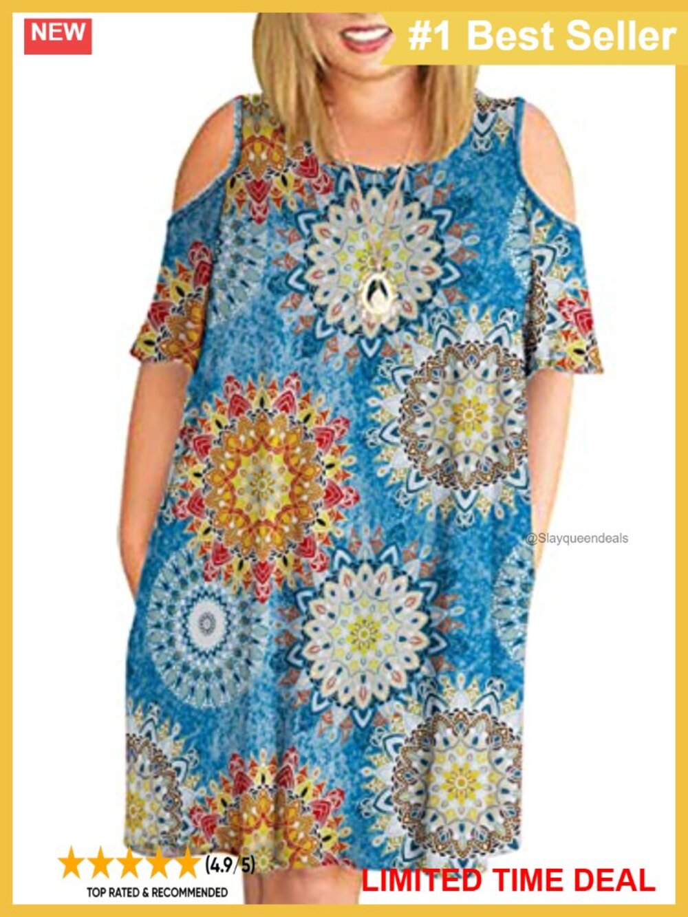 Plus Size Summer T-Shirt Swing Dress Pockets Cold Shoulder Casual Knee Length